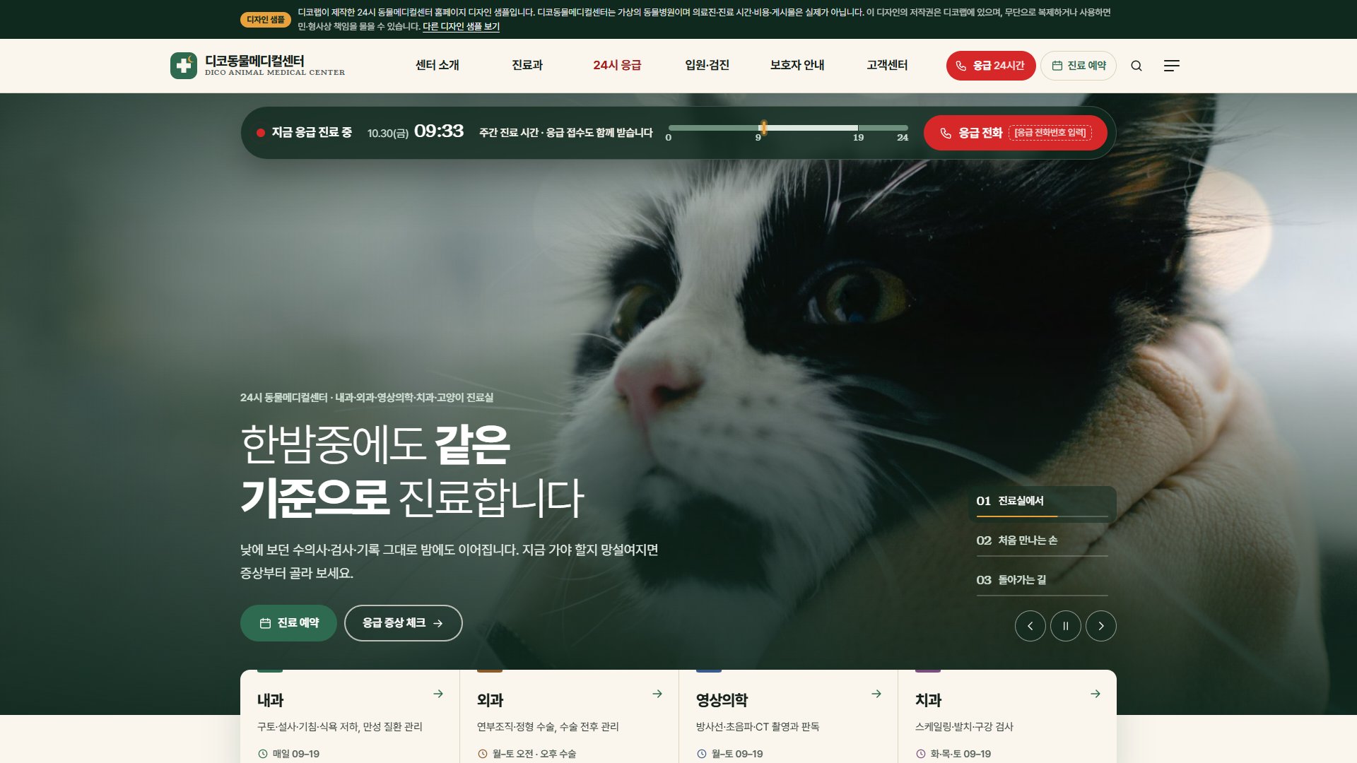 24시 동물병원 홈페이지 디자인 샘플 – 응급 증상 체크·진료 시간표형 웹사이트