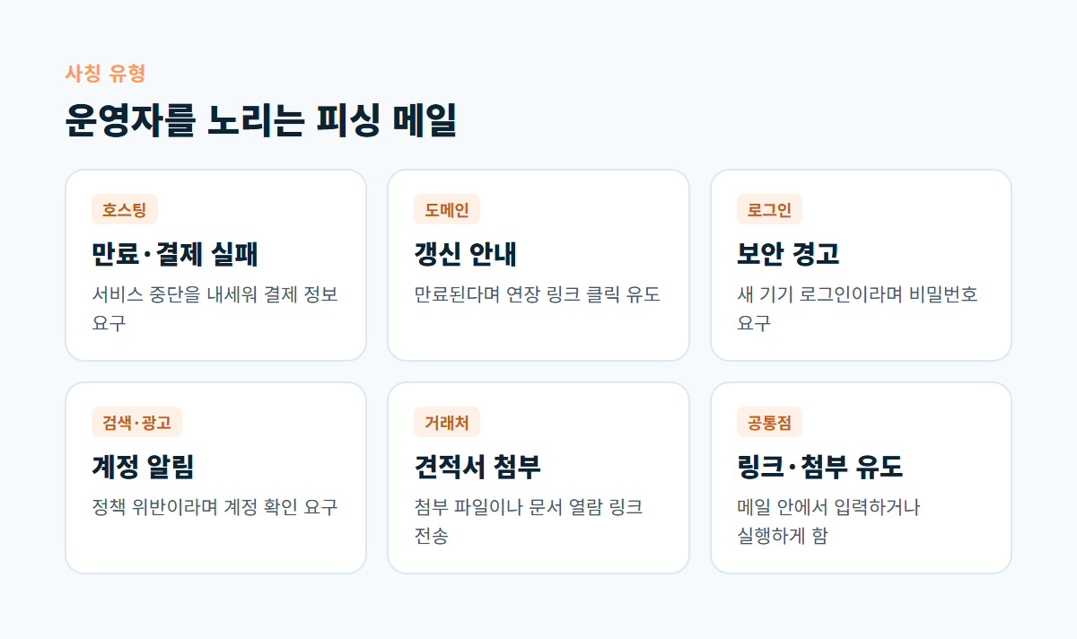 호스팅 만료, 도메인 갱신, 로그인 보안 경고, 검색·광고 계정 알림, 견적서 첨부 등 피싱 메일 다섯 가지 유형을 카드로 정리한 그림