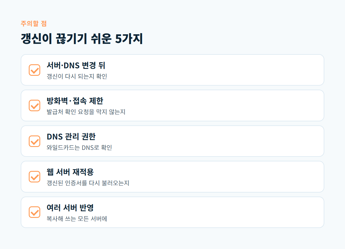 서버 이전 뒤 확인, 방화벽 설정, DNS 권한, 웹 서버 재적용, 여러 서버 반영 다섯 가지 주의할 점 체크리스트 카드