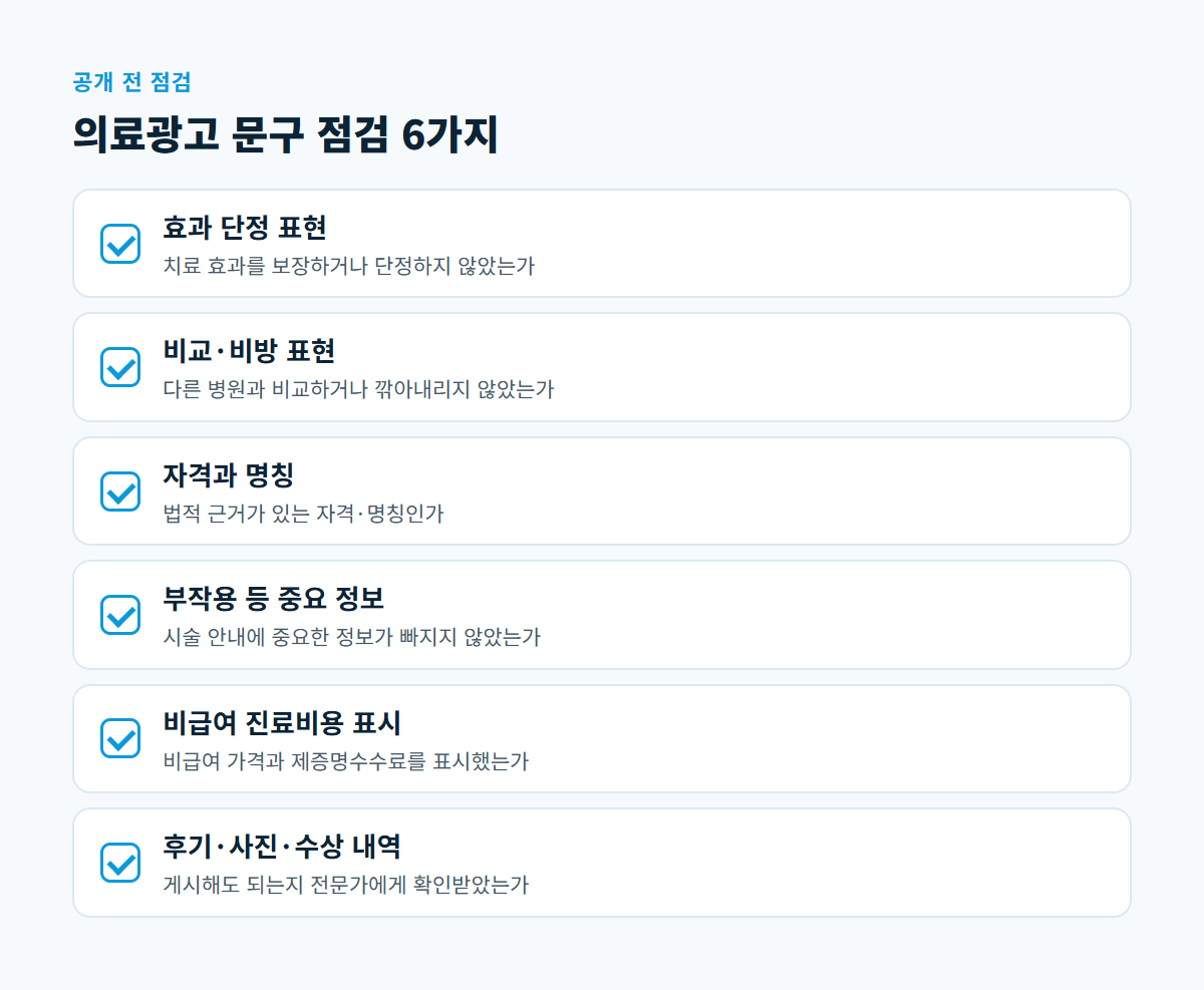효과 단정 표현, 비교·비방, 자격 명칭, 부작용 정보, 비급여 표시, 후기와 사진 확인까지 의료광고 문구 점검 6가지 체크리스트
