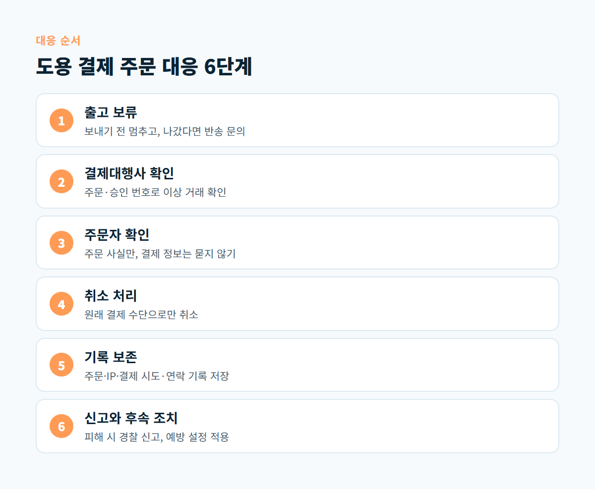 출고 보류, 결제대행사 확인, 주문자 확인, 취소 처리, 기록 보존, 신고와 후속 조치까지 도용 결제 대응 6단계 도식