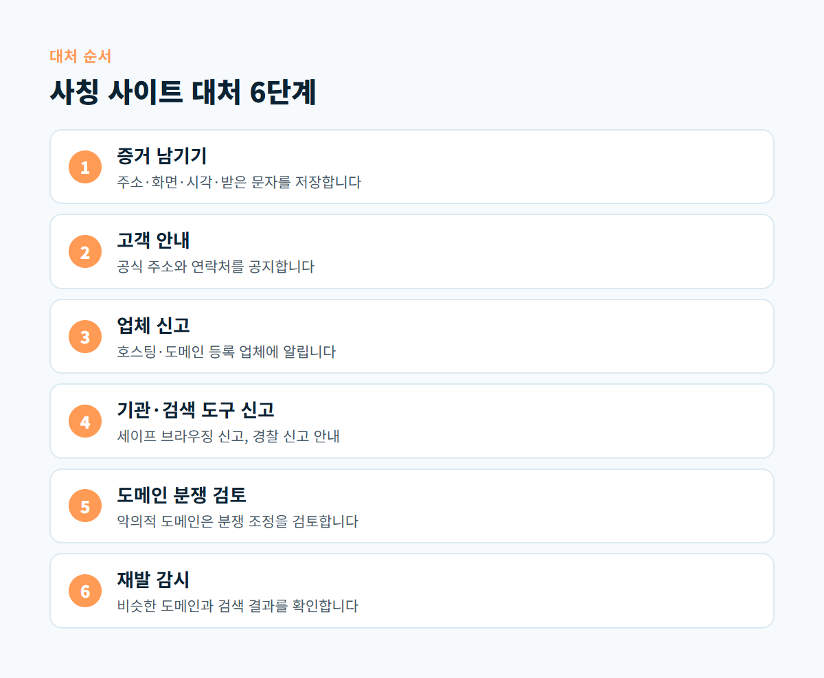 증거 남기기, 고객 안내, 업체 신고, 기관과 검색 도구 신고, 도메인 분쟁 검토, 재발 감시로 이어지는 사칭 사이트 대처 6단계 도식
