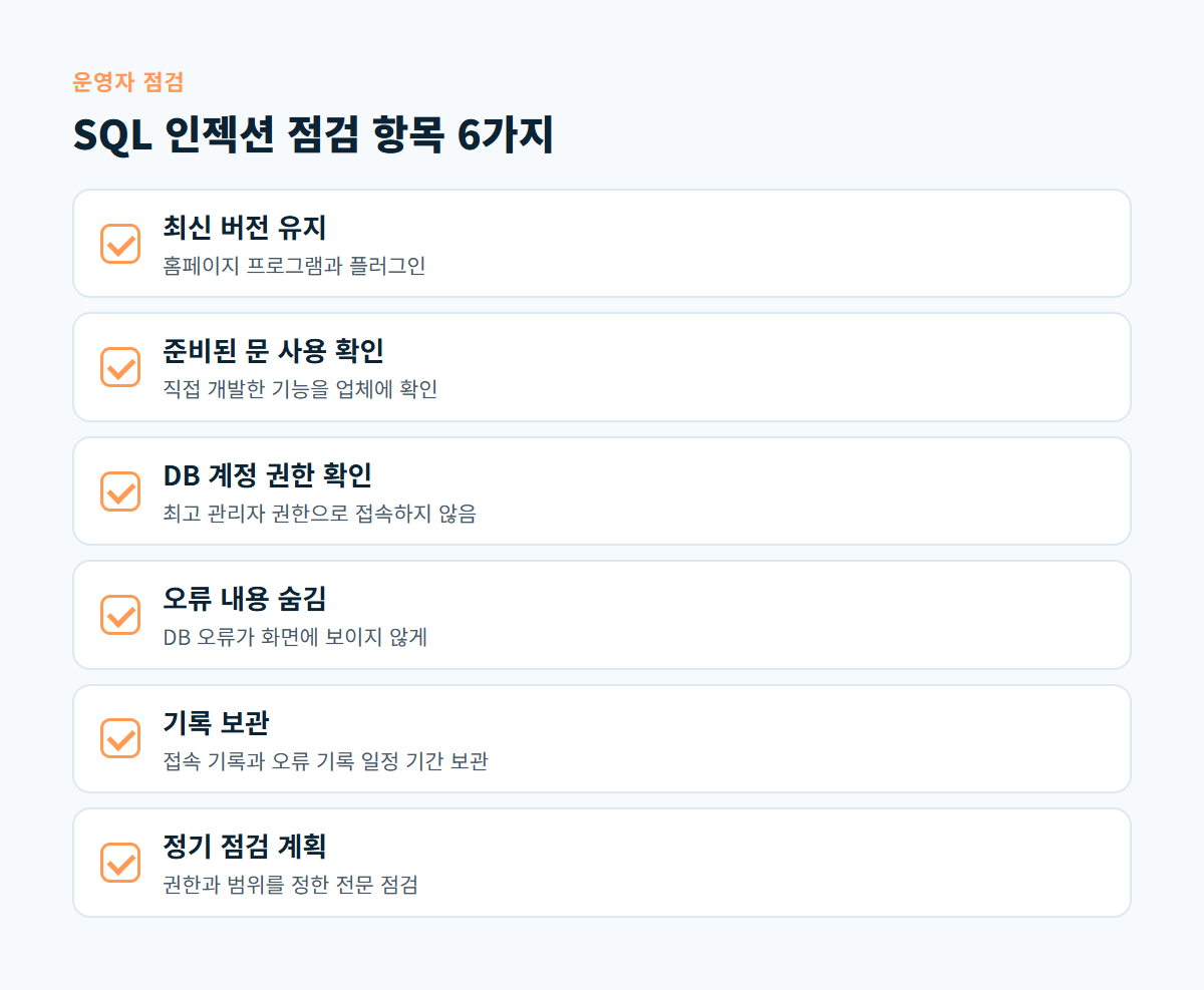 최신 버전 유지, 준비된 문 확인, DB 계정 권한, 오류 내용 숨김, 기록 보관, 정기 점검 등 운영자 점검 항목 6가지 체크리스트