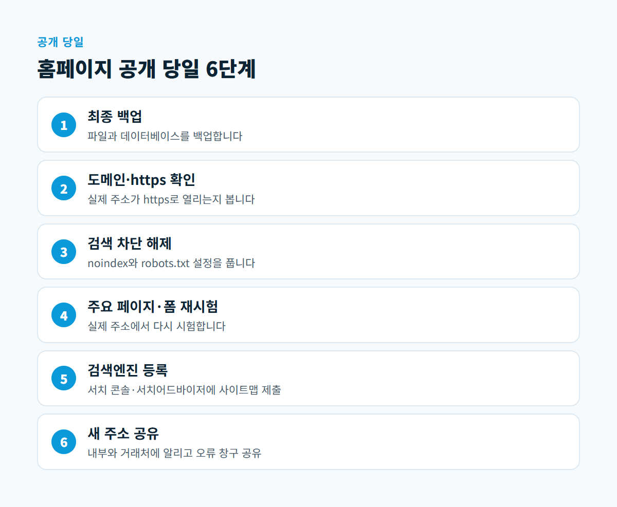 최종 백업, 도메인과 https 확인, 검색 차단 해제, 주요 페이지와 폼 재시험, 검색엔진 등록, 새 주소 공유로 이어지는 공개 당일 6단계