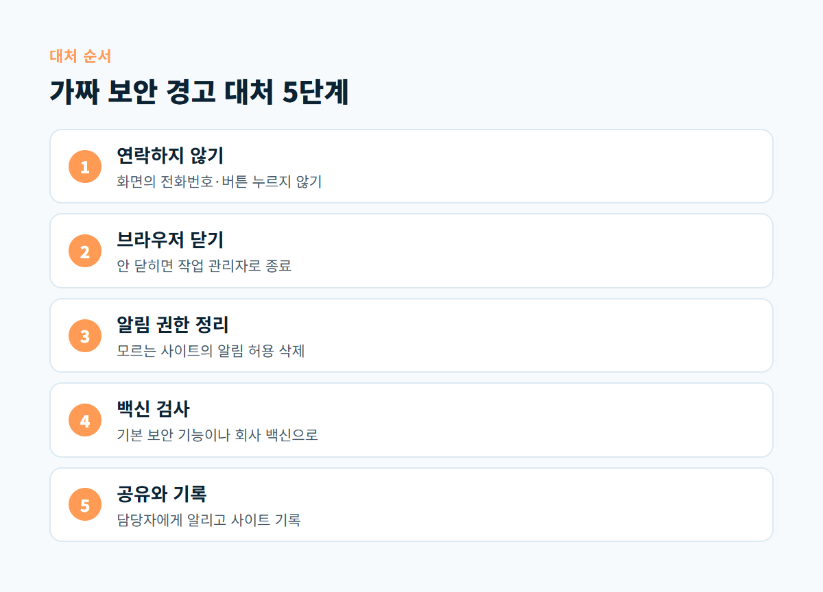 연락하지 않기, 브라우저 닫기, 사이트 알림 권한 정리, 백신 검사, 공유와 기록으로 이어지는 가짜 보안 경고 대처 5단계 도식