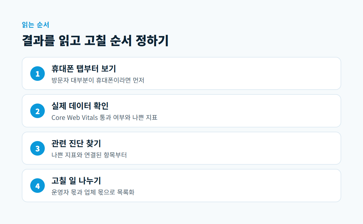 휴대폰 탭 보기, 실제 사용자 데이터 확인, 나쁜 지표와 연결된 진단 찾기, 고칠 일 나누기의 4단계 순서도