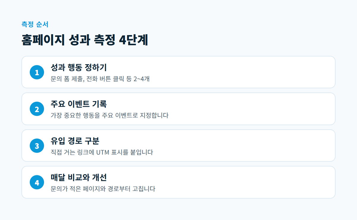 성과 행동 정하기, 주요 이벤트 기록, 유입 경로 구분, 매달 비교와 개선으로 이어지는 성과 측정 4단계 도식