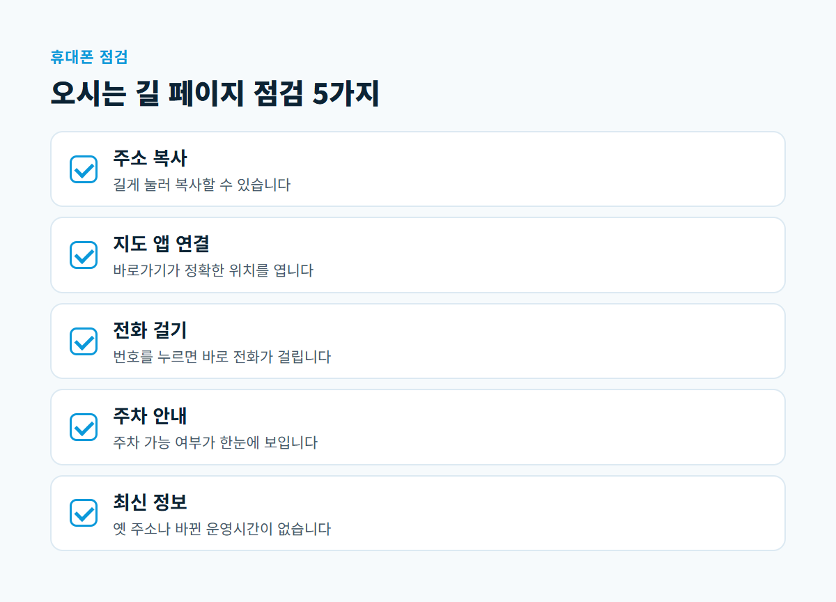 주소 복사, 지도 앱 연결, 전화 걸기, 주차 안내, 최신 정보 다섯 가지를 체크 표시로 나열한 점검 카드