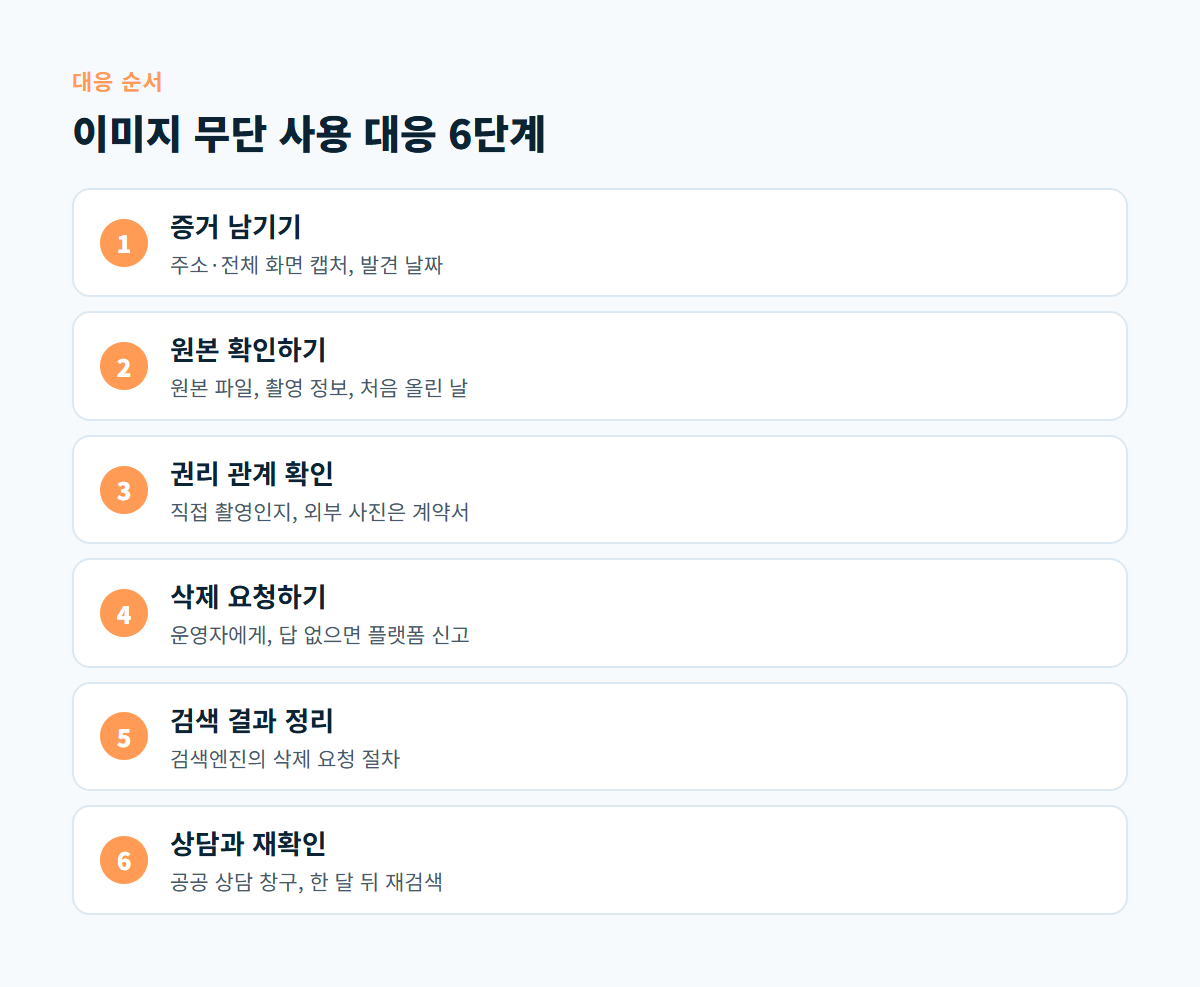 증거 남기기부터 상담과 재확인까지 이미지 무단 사용 대응 6단계를 순서대로 보여 주는 도식