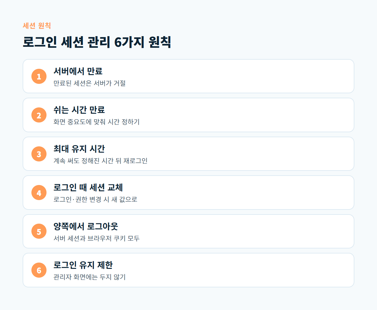 서버 만료, 쉬는 시간 만료, 최대 유지 시간, 로그인 시 세션 교체, 양쪽 로그아웃, 로그인 유지 제한으로 이어지는 로그인 세션 관리 6가지 원칙 도식