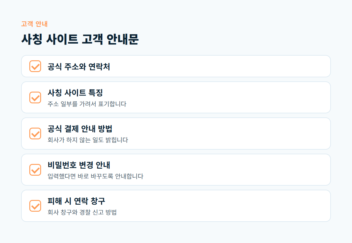 공식 주소와 연락처, 사칭 사이트 특징, 공식 결제 안내 방법, 비밀번호 변경 안내, 피해 시 연락 창구로 구성된 고객 안내문 체크리스트