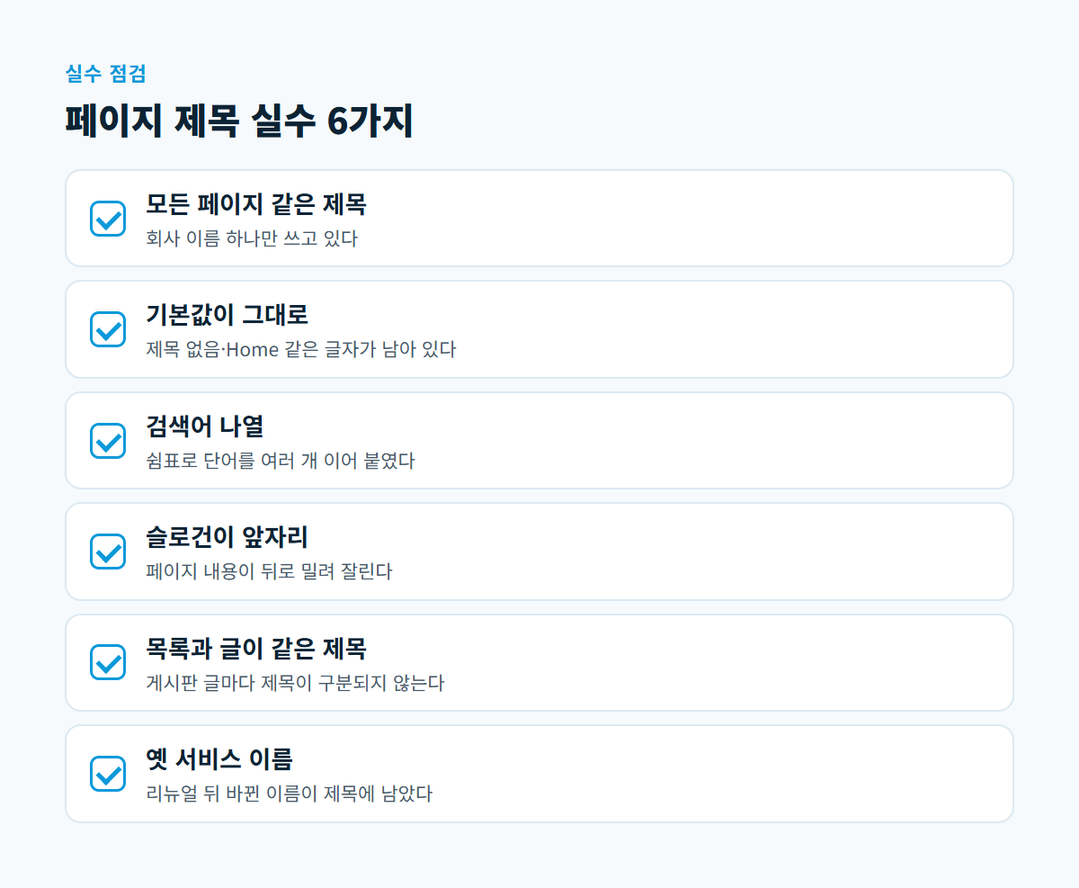 같은 제목 반복, 기본값 방치, 검색어 나열, 슬로건 앞세우기, 목록과 글 제목 같음, 옛 서비스 이름의 여섯 가지 점검 항목 카드