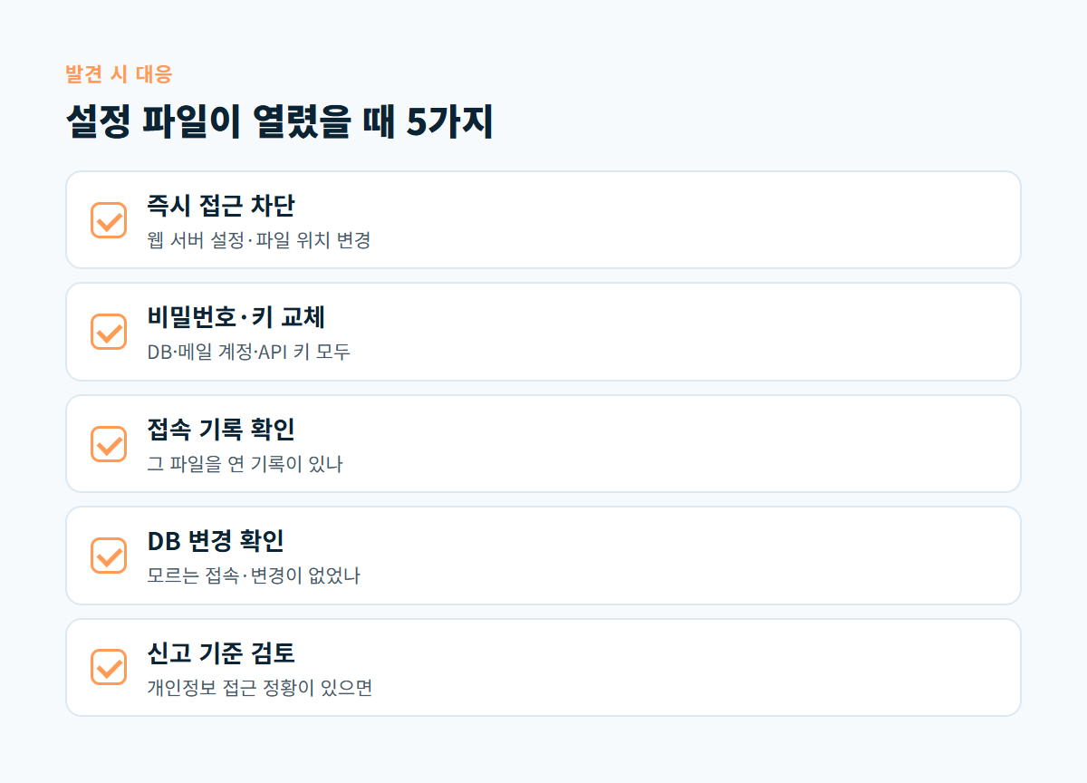 즉시 차단, 비밀번호와 키 교체, 접속 기록 확인, DB 변경 확인, 신고 검토 다섯 가지 대응 항목 체크리스트