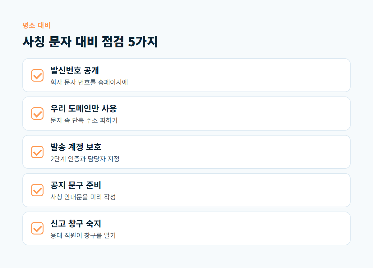 발신번호 공개, 우리 도메인 주소만 사용, 발송 계정 보호, 공지 문구 준비, 직원 신고 창구 숙지 다섯 가지 점검 카드