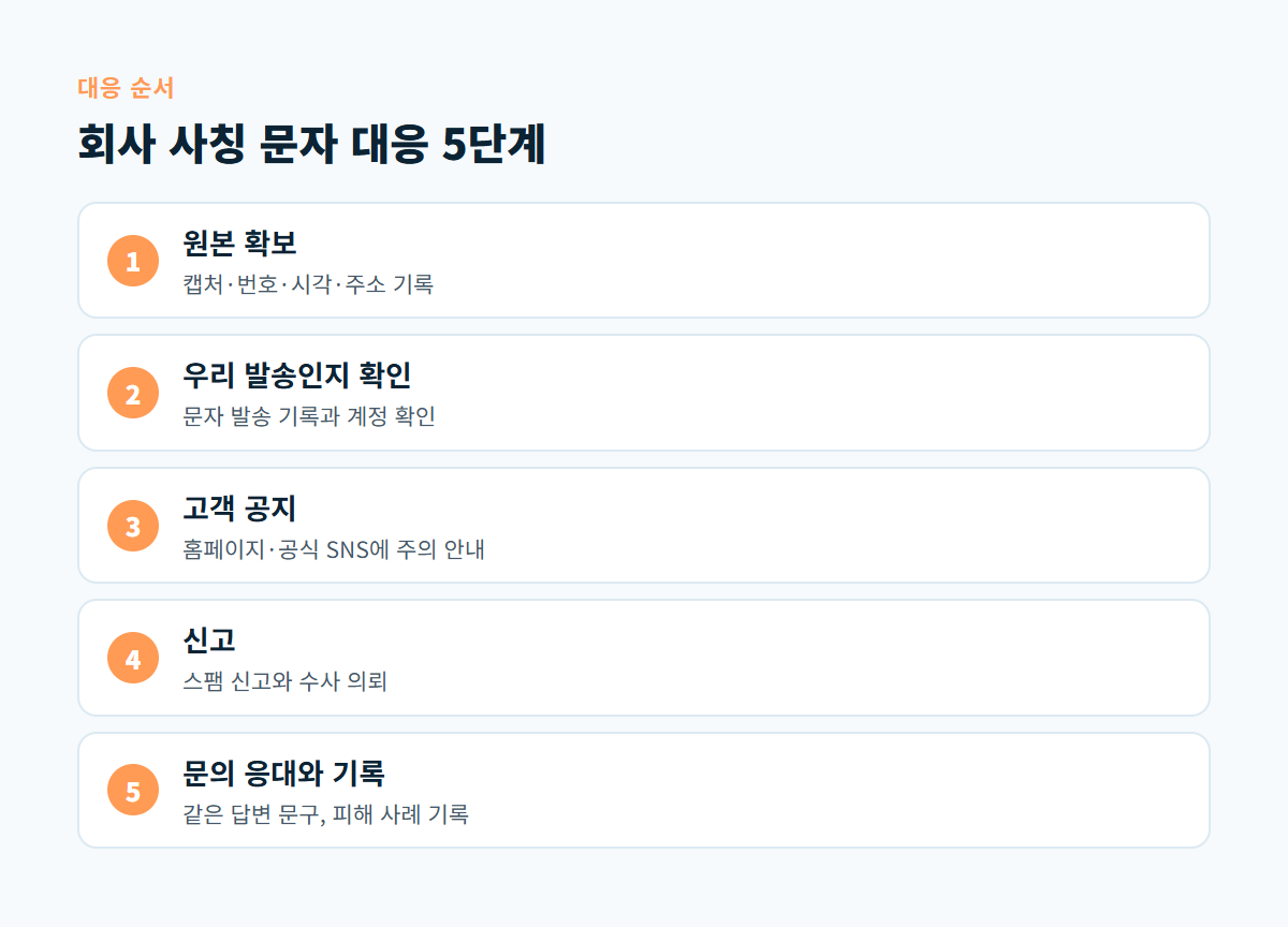 원본 확보, 우리 발송인지 확인, 고객 공지, 신고, 문의 응대와 기록으로 이어지는 사칭 문자 대응 5단계 도식