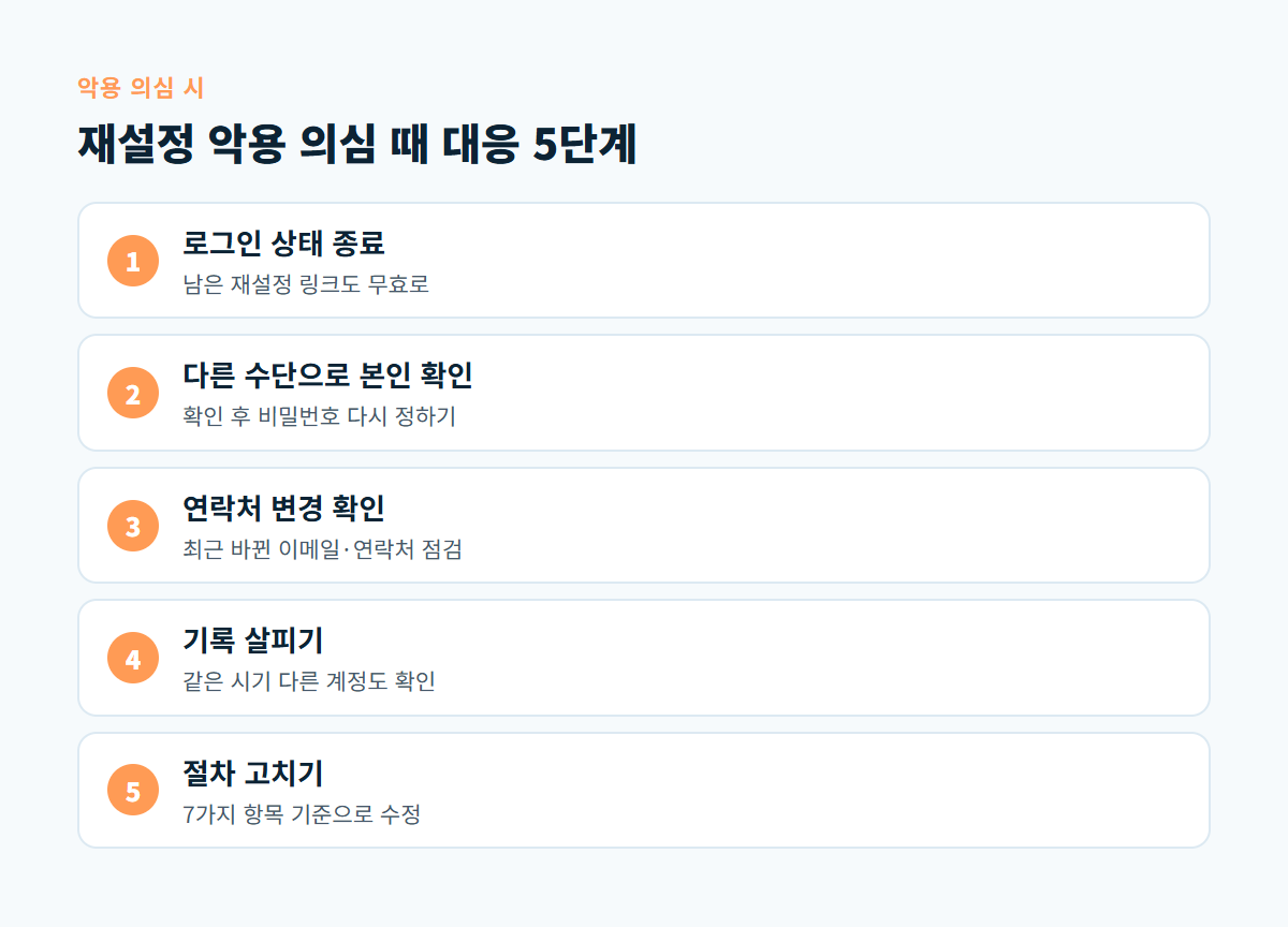 로그인 상태 종료부터 절차 수정까지 재설정 악용이 의심될 때의 대응 5단계 도식