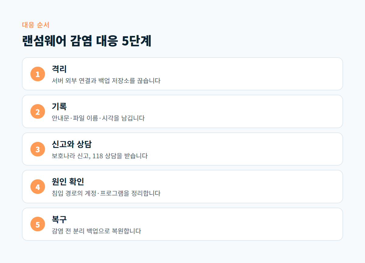 격리, 기록, 신고와 상담, 원인 확인, 복구로 이어지는 랜섬웨어 감염 대응 5단계 도식