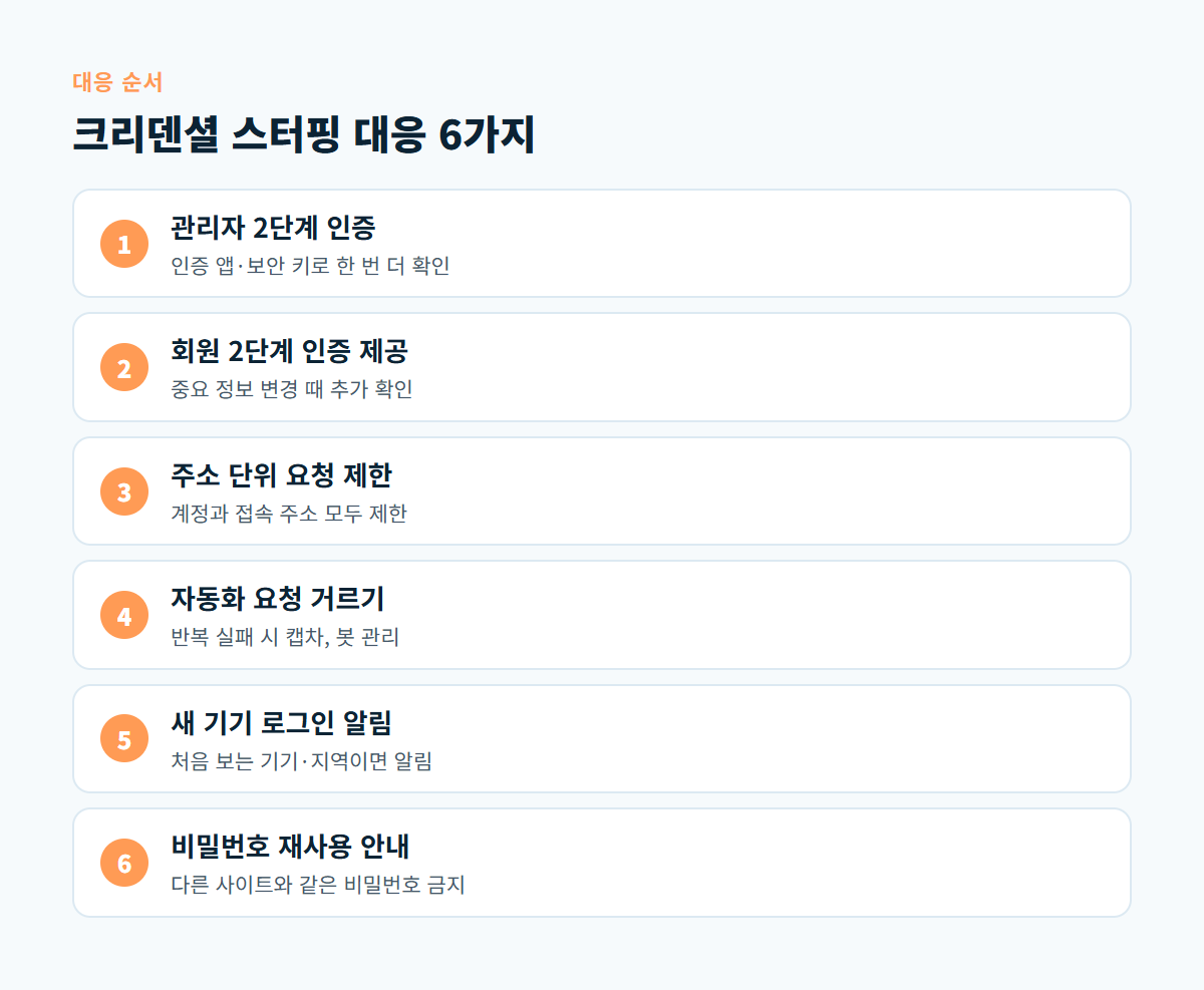 관리자 2단계 인증부터 비밀번호 재사용 안내까지 크리덴셜 스터핑 대응 6가지를 순서대로 보여 주는 도식