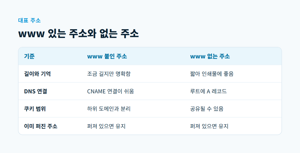 www 붙인 주소와 www 없는 주소를 길이, DNS 연결, 쿠키 범위, 이미 퍼진 주소 네 기준으로 비교한 표