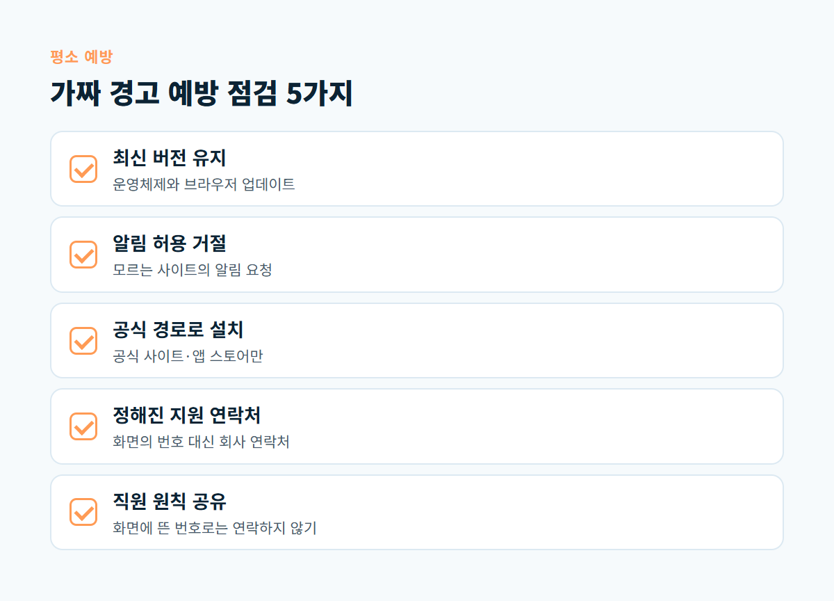 최신 버전 유지, 알림 허용 거절, 공식 경로 설치, 정해진 지원 연락처, 직원 원칙 공유 다섯 가지 예방 점검 카드