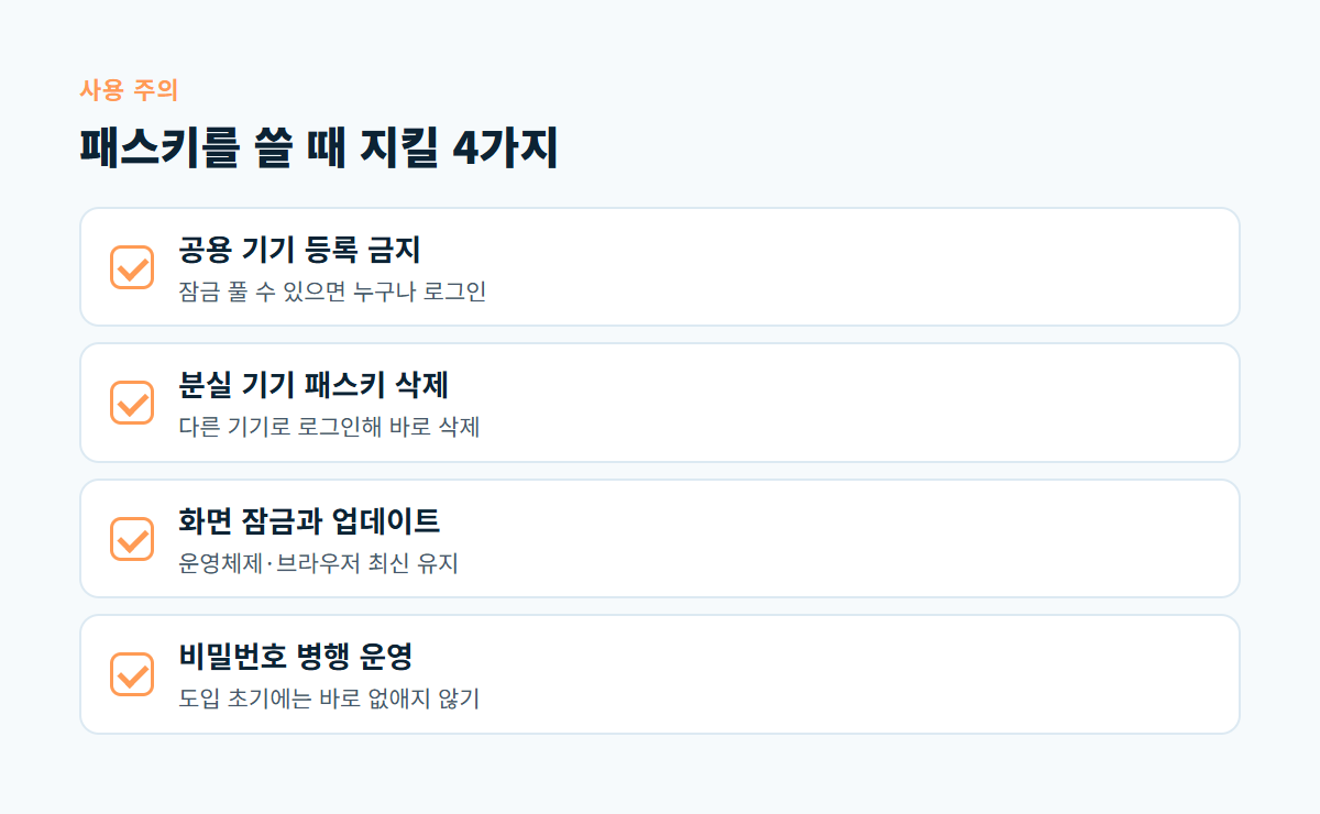 공용 기기 등록 금지, 분실 기기 패스키 삭제, 화면 잠금과 업데이트, 비밀번호 병행 운영까지 패스키 사용 주의 사항 4가지 체크리스트