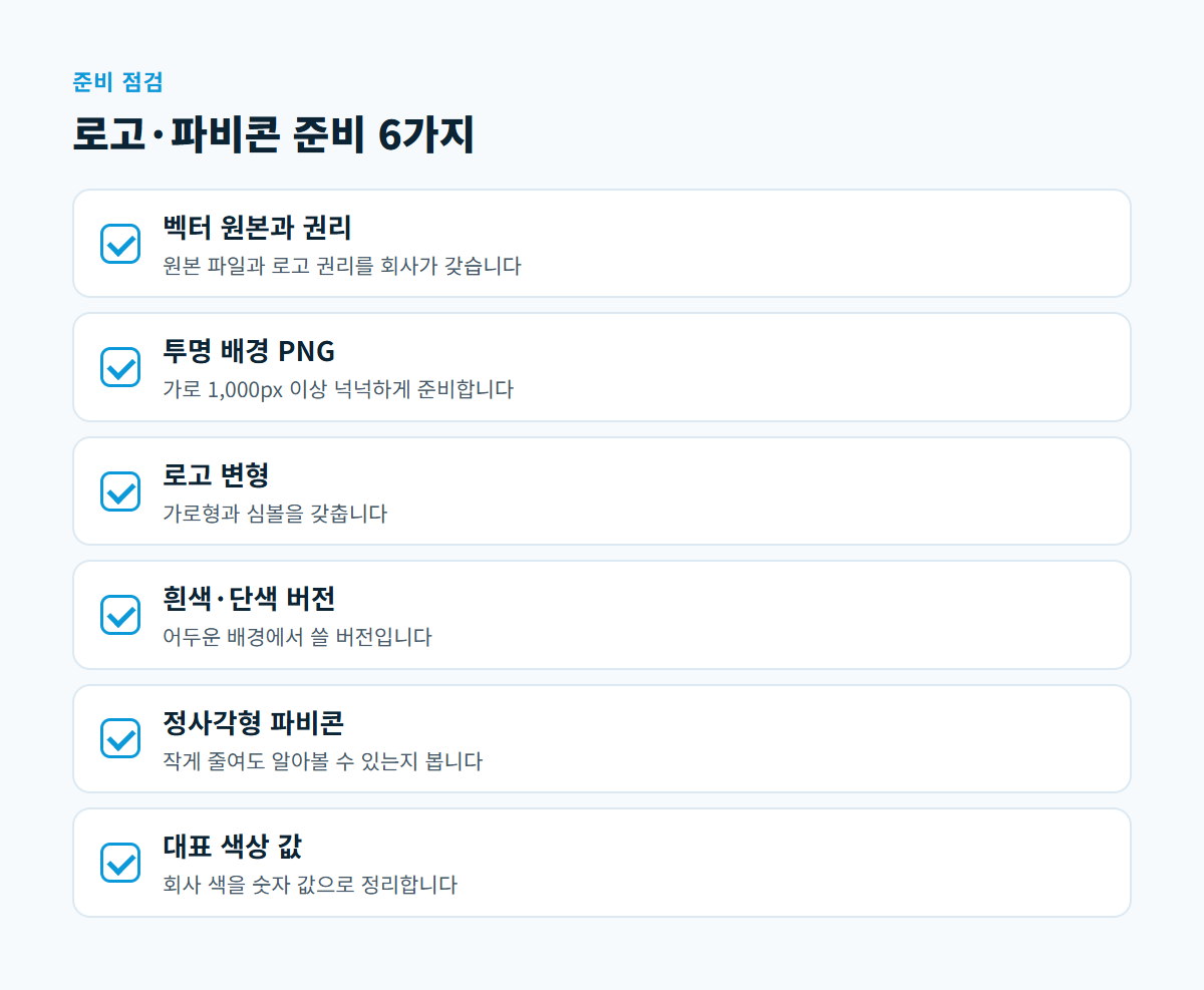 벡터 원본과 권리, 투명 PNG, 로고 변형, 흰색 버전, 정사각형 파비콘, 대표 색상 값 여섯 가지를 체크 표시로 나열한 카드