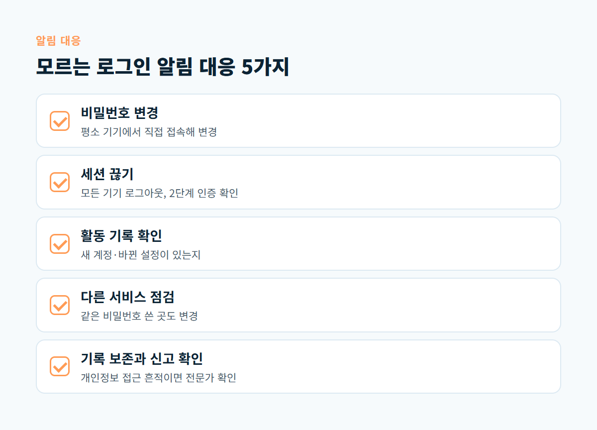 비밀번호 변경, 세션 종료와 2단계 인증 확인, 활동 기록 확인, 다른 서비스 비밀번호 변경, 기록 보존과 신고 확인까지 모르는 로그인 알림 대응 5가지 체크리스트