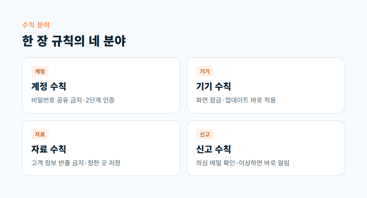 계정, 기기, 자료, 신고 네 분야로 나눈 사내 보안 기본 수칙을 정리한 카드 이미지