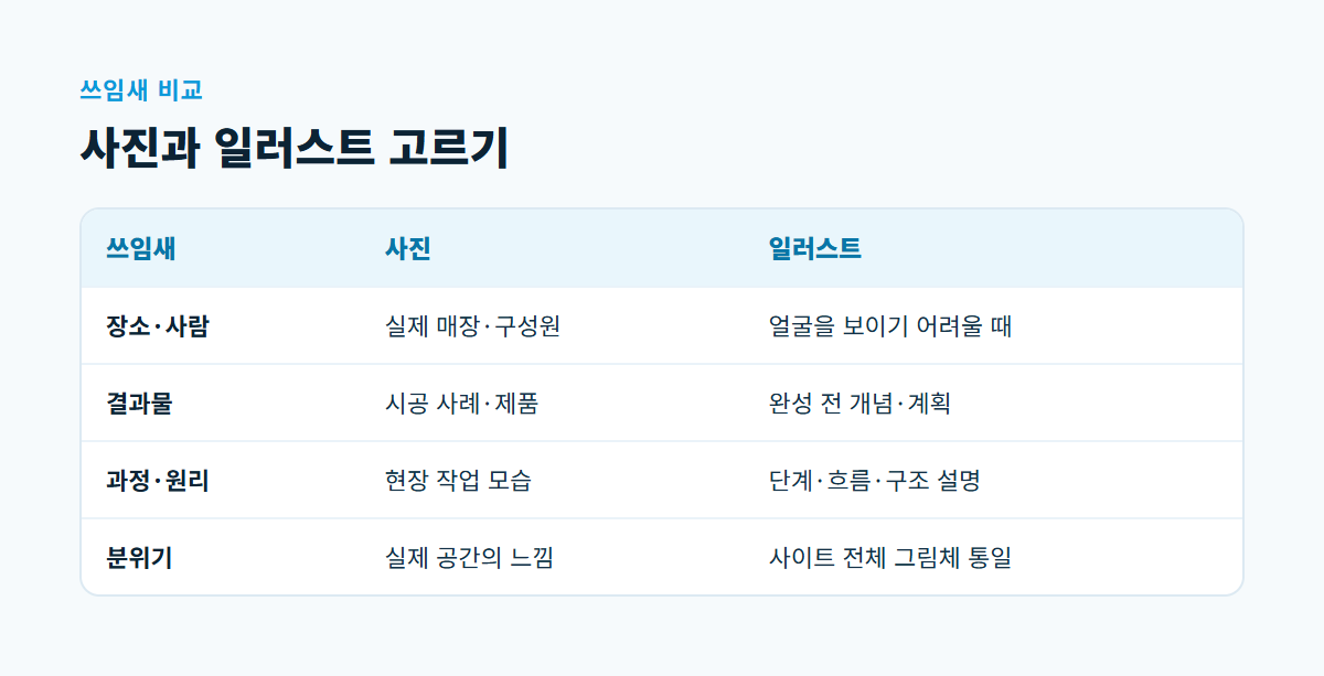 장소·사람, 결과물, 과정·원리, 분위기 네 가지 쓰임새에서 사진이 나은 경우와 일러스트가 나은 경우를 나눈 비교표