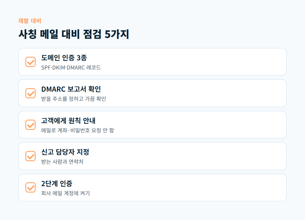 도메인 인증 세 가지, DMARC 보고서 확인, 고객 원칙 안내, 신고 담당자, 2단계 인증 다섯 가지 점검 카드