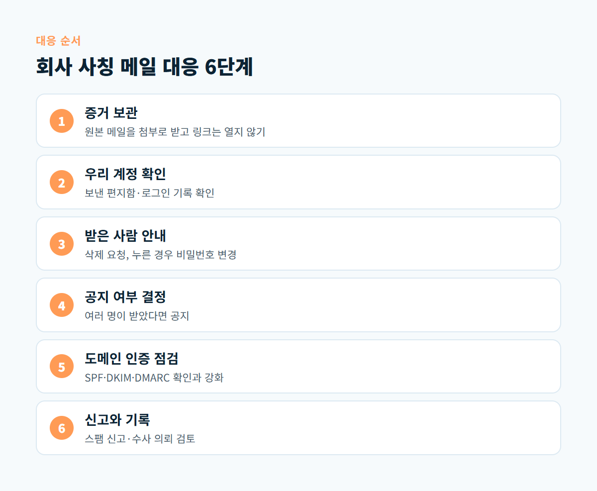 증거 보관, 우리 계정 확인, 받은 사람 안내, 공지 여부 결정, 도메인 인증 점검, 신고와 기록으로 이어지는 사칭 메일 대응 6단계 도식