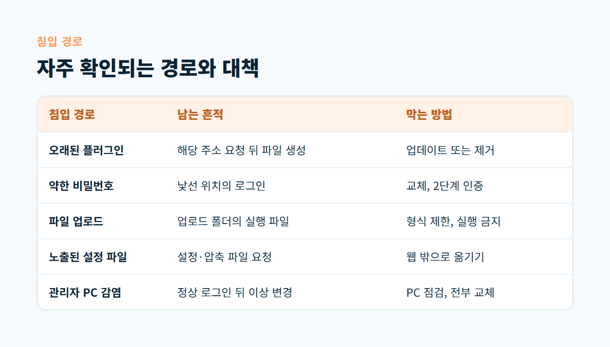 오래된 플러그인, 약한 비밀번호, 파일 업로드, 노출된 설정 파일, 관리자 PC 감염의 흔적과 막는 방법을 비교한 표