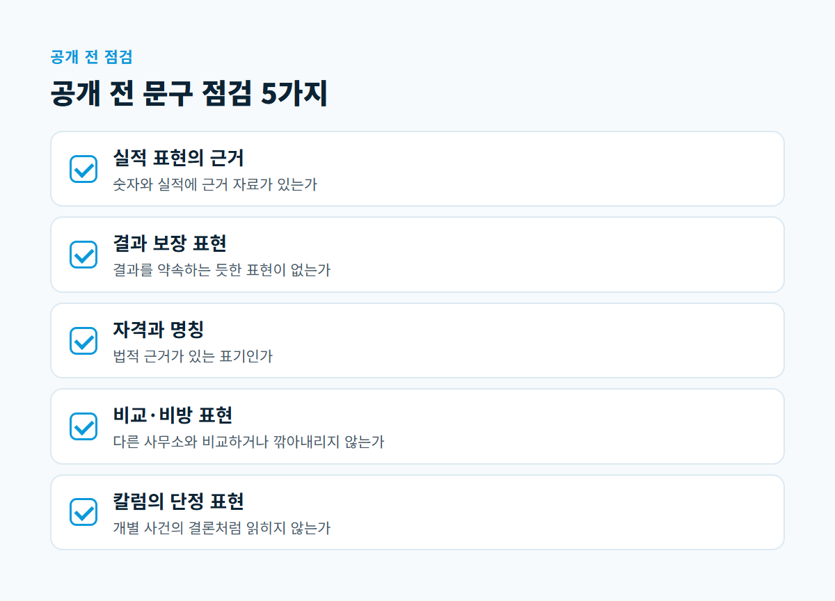 실적 근거, 결과 보장 표현, 자격 명칭, 비교·비방, 칼럼의 단정 표현까지 공개 전 문구 점검 5가지 체크리스트