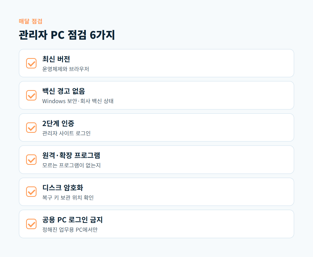 최신 버전, 백신 경고 없음, 2단계 인증, 원격 프로그램과 확장 기능 확인, 디스크 암호화, 공용 PC 로그인 금지 여섯 가지 점검 카드