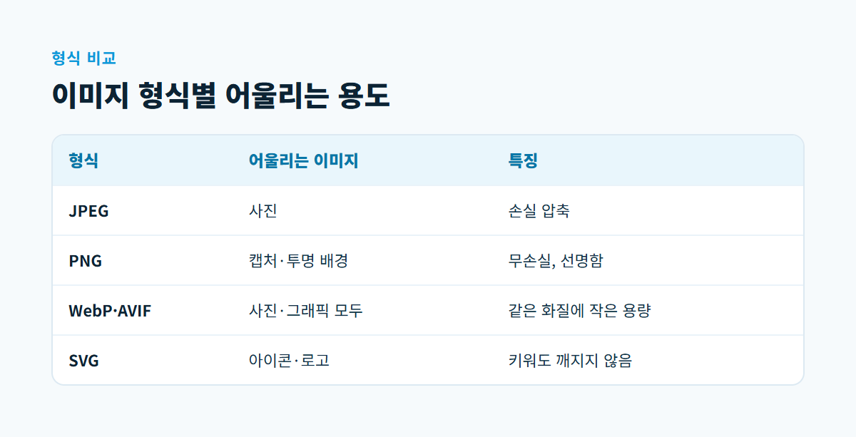 JPEG는 사진, PNG는 캡처와 투명 배경, WebP와 AVIF는 사진과 그래픽 모두, SVG는 아이콘과 로고에 어울린다고 비교한 표