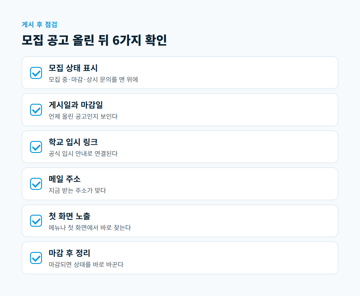 모집 상태 표시, 게시일과 마감일, 학교 입시 링크, 메일 주소, 첫 화면 노출, 마감 후 정리를 확인하는 체크리스트