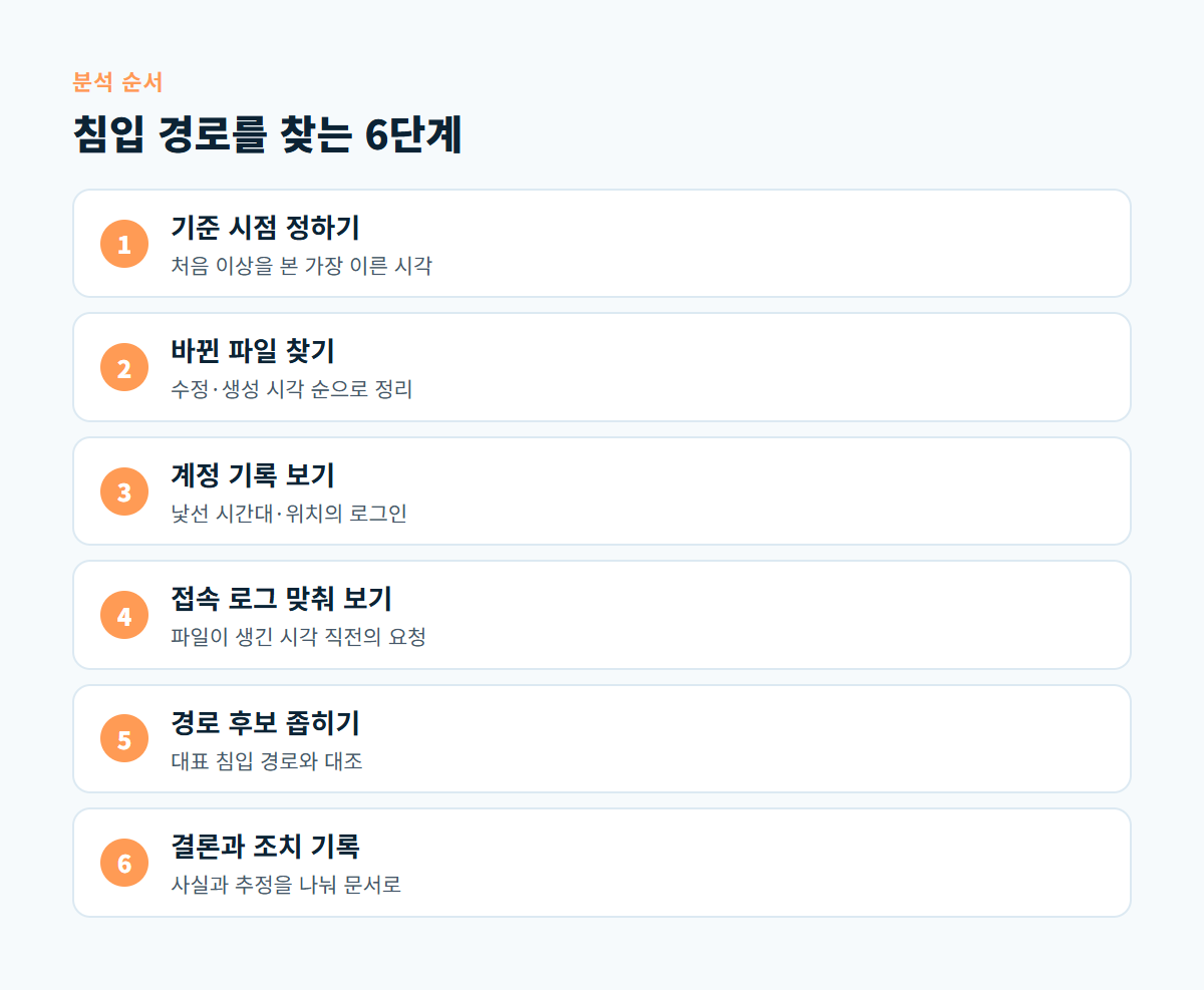 기준 시점 정하기, 바뀐 파일 찾기, 계정 기록 보기, 접속 로그 맞춰 보기, 경로 후보 좁히기, 결론 기록으로 이어지는 해킹 원인 분석 6단계