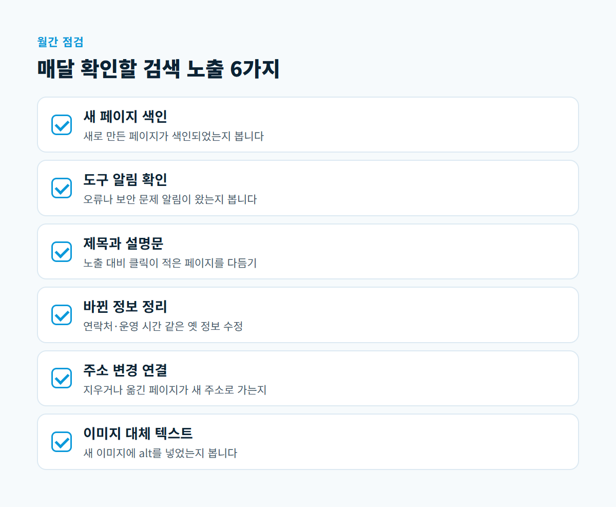 새 페이지 색인, 도구 알림, 제목과 설명문, 바뀐 정보, 주소 변경 연결, 이미지 대체 텍스트 여섯 가지 월간 점검 항목을 정리한 체크리스트 카드