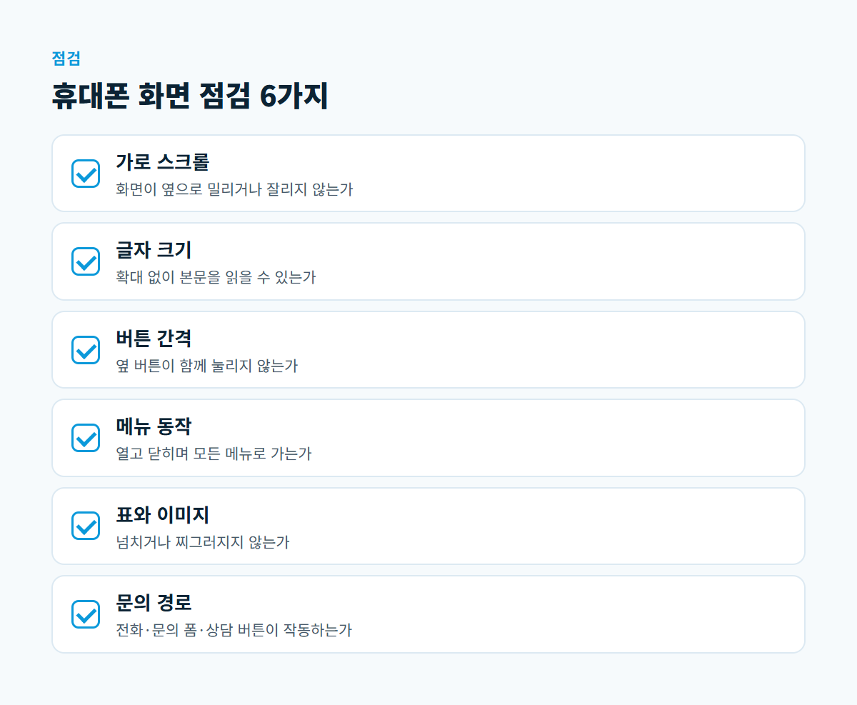 가로 스크롤, 글자 크기, 버튼 간격, 메뉴 동작, 표와 이미지, 문의 경로 등 휴대폰 화면 점검 항목 6가지 체크리스트