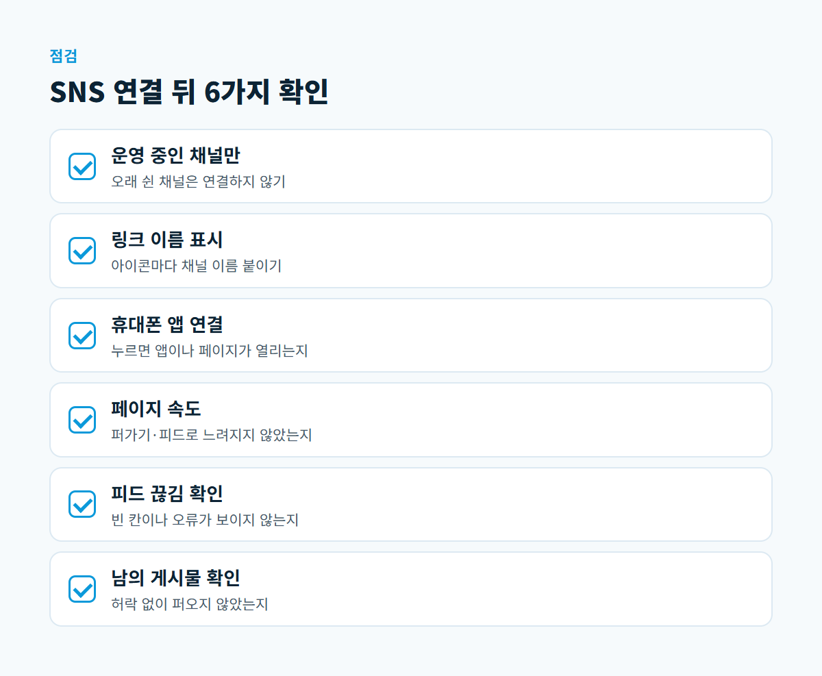 운영 중인 채널만 연결, 링크 이름 표시, 휴대폰 앱 연결, 페이지 속도, 피드 끊김 확인, 다른 사람 게시물 사용 여부 여섯 가지 점검 항목